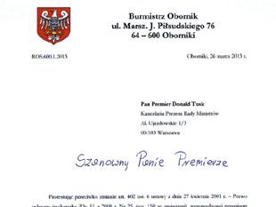 Gmina Oborniki wystosowała protest do Premiera Donalda Tuska